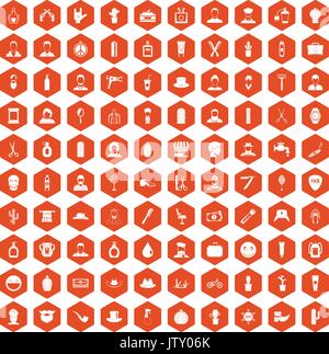 100 barber icons hexagon orange Stock Vector