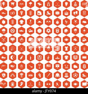 100 baseball icons hexagon orange Stock Vector