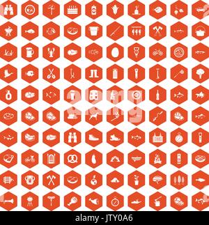 100 BBQ icons hexagon orange Stock Vector