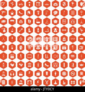 100 beauty and makeup icons hexagon orange Stock Vector