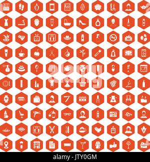 100 beauty salon icons hexagon orange Stock Vector