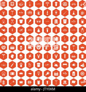 100 beer icons hexagon orange Stock Vector