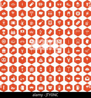 100 beer party icons hexagon orange Stock Vector