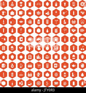 100 beverage icons hexagon orange Stock Vector