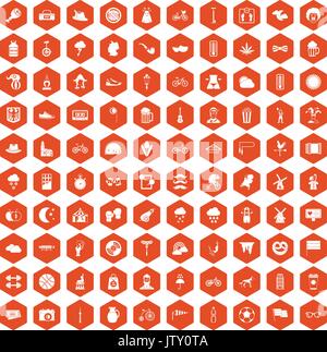 100 bicycle icons hexagon orange Stock Vector