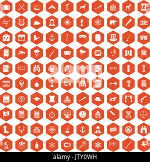 100 binoculars icons hexagon orange Stock Vector
