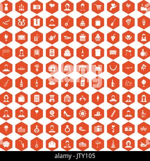 100 birthday icons hexagon orange Stock Vector