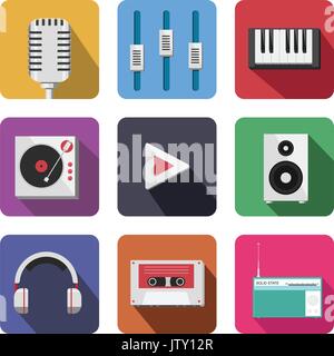 Music icon set drawn by detailed way with shadow. Stock Vector