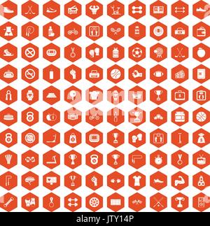 100 boxing icons hexagon orange Stock Vector