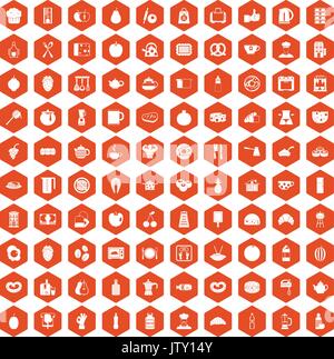 100 breakfast icons hexagon orange Stock Vector