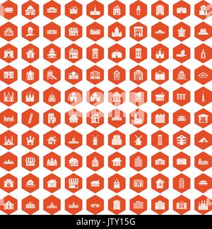100 building icons hexagon orange Stock Vector