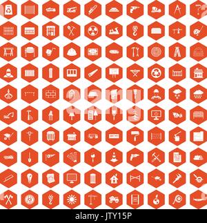 100 building materials icons hexagon orange Stock Vector