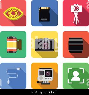 Photography icon set. It contains eye icon, memory card icon, camera, film roll, camera lens, go pro camera, and focus icon.  All these flat icons are Stock Vector