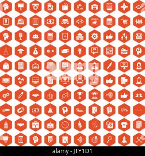 100 business strategy icons hexagon orange Stock Vector