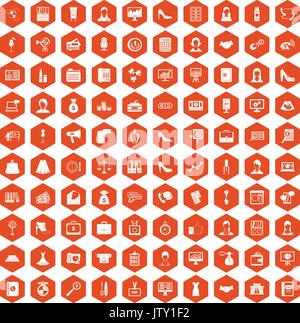 100 business woman icons hexagon orange Stock Vector