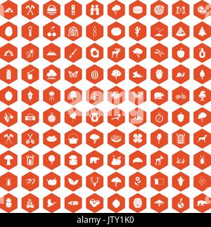 100 camping and nature icons hexagon orange Stock Vector