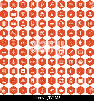 100 care icons hexagon orange Stock Vector