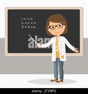Young female teacher on math lesson at blackboard in classroom. Teacher with pointer, teacher showing on board. Vector illustration Stock Vector