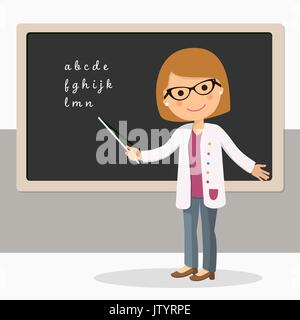 Young female teacher on alphabet lesson at blackboard in classroom. Teacher with pointer, teacher showing on board. Vector illustration Stock Vector