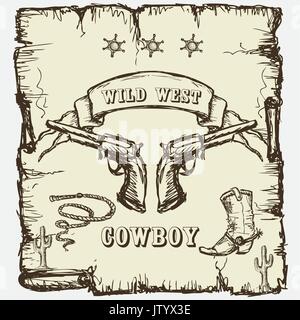 Vector illustration sheriffs star, cowboy boots and revolvers Stock Vector