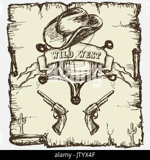 Vector illustration sheriffs star, cowboy boots and revolvers. Hand drawing poster. Stock Vector