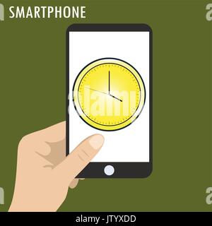 Hand holding smart phone, the icon clock on the screen Stock Vector