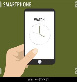 Hand holding smart phone, the icon clock on the screen Stock Vector