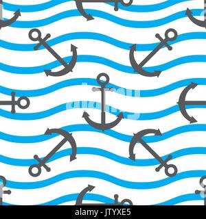 Seamless pattern  anchor on a background of waves.Seamless pattern can be used for wallpaper, pattern fills, web page backgrounds, surface textures. Stock Vector