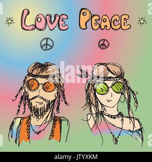 Friendly couple  hippie with long hair , vector illustration Stock Vector