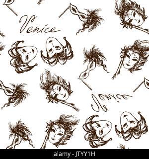 Seamless pattern venice carnival mask. Hand drawing.Seamless pattern can be used for wallpaper, pattern fills, web page backgrounds, surface textures Stock Vector