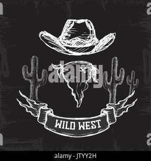 Wild West  Set Collection white on black background, vector illustration Stock Vector