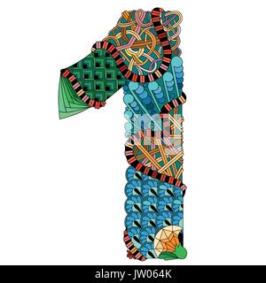 Hand-painted art design. Number one zentangle object. Stock Vector