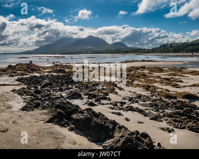 Croagh Patrick in clouds seen from Louisburgh small harbor in Ireland Stock Photo