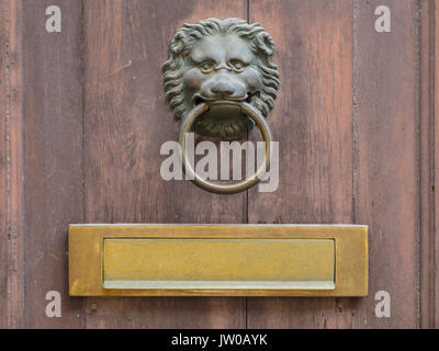 Lion face shape door knocker and letterbox on ancient wooden door Stock Photo