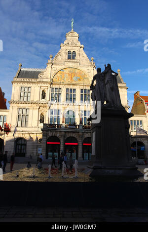 The Royal Dutch Theater in Gent Belgium  located on Sint-Baafsplein Square. The mosaic shows the god Apollo in his charriott and his muses. Stock Photo