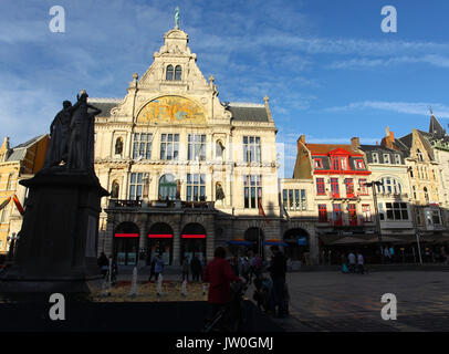 The Royal Dutch Theater in Gent Belgium  located on Sint-Baafsplein Square. The mosaic shows the god Apollo in his charriot and his muses. Stock Photo