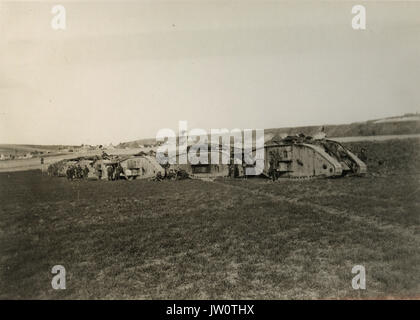 Official photograph taken on the British Western Front in France   The German offensive - Tanks waiting for orders - Stock Photo
