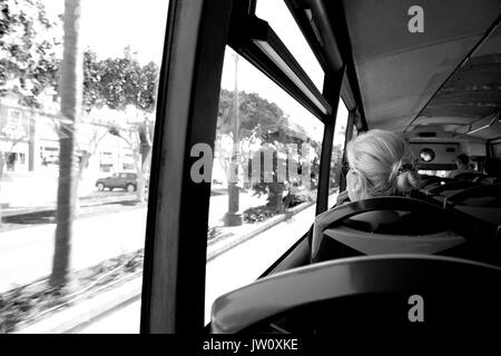 Bus. Inside the bus. Marbella – Estepona city, Costa del Sol, Andalusia, Spain. Stock Photo