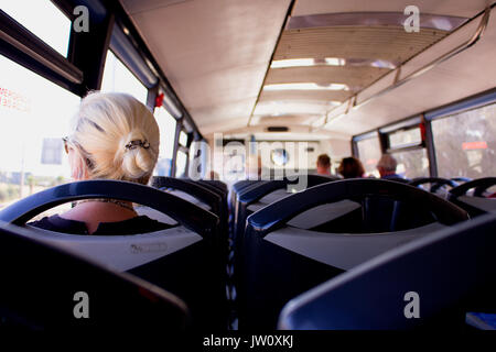 Bus. Inside the bus. Marbella – Estepona city, Costa del Sol, Andalusia, Spain. Stock Photo