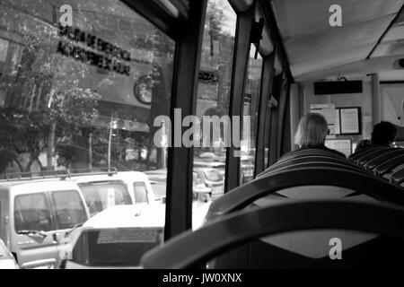 Bus. Inside the bus. Marbella – Estepona city, Costa del Sol, Andalusia, Spain. Stock Photo