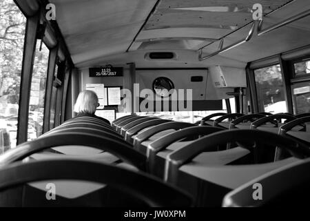 Bus. Inside the bus. Marbella – Estepona city, Costa del Sol, Andalusia, Spain. Stock Photo