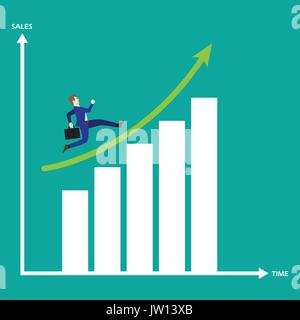 Business Concept As A Businessman Is Running On Growth Bar Graph. He Enjoys The New Opportunity Growth. Higher Sales Corresponds With Time Passes By. Stock Vector