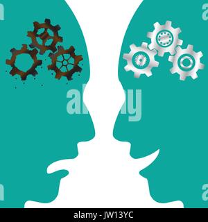 Business Concept As Cogwheel Brains (Rusty & New) In Silhouette Faces With Angry & Smile Expression Means Obsolete Thinking Process VS Innovative One. Stock Vector