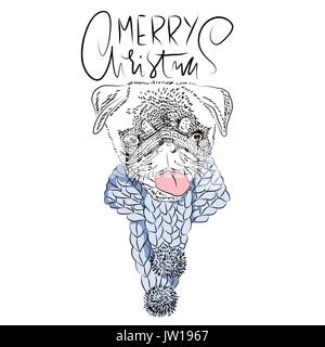 Merry Christmas. Handdrawn white and black modern dry brush lettering. Dog with knitted scarf. Cute pug portrait. Vector illustration. Stock Vector