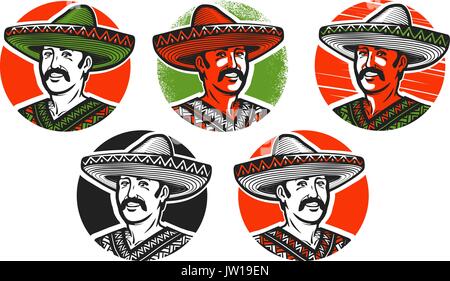 Mexican in sombrero logo or label. Cartoon vector illustration Stock Vector