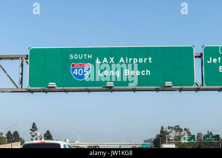 LAX Airport and Long Beach overhead freeway sign on Interstate 405 in Los Angeles, California. Stock Photo