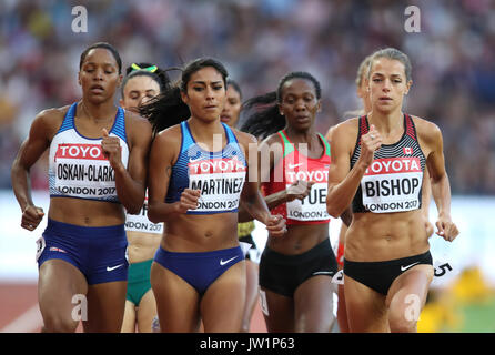 Great Britain's Shelayna Oskan-Clarke (left), USA's Brenda Martinez (centre) and Canada's Melissa Bishop in action during the Women's 800m heat two during day seven of the 2017 IAAF World Championships at the London Stadium. Stock Photo