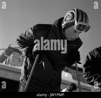 The Duke of Kent prepares to negotiate the Corviglia slope at St Moritz, where he is captaining his regimental team from the Royal Scots Greys in the Army Ski Championships. Stock Photo