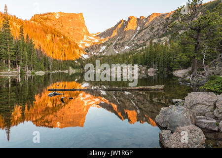 Morning Alpenglow on Hallett Peak and Flattop Mountain reflected in ...