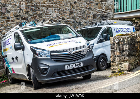 Two BT Openreach vans parked in Penzance, Cornwall, England, UK. Stock Photo